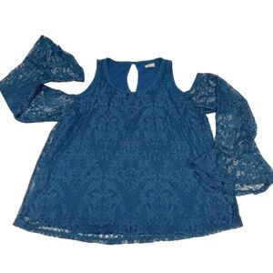 Hollister Women's Cold Shoulder Lace Top Teal Long Sleeve Two-Layers Size Small